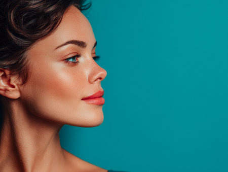 A young woman with dark hair poses in profile, highlighting her radiant skin and striking features. The backdrop is a bright blue, enhancing her elegant appearance.の素材