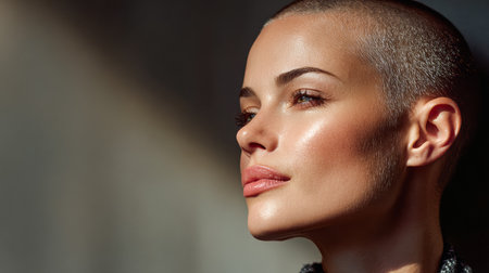 A confident model with a shaved head stands in soft natural light, showcasing her smooth skin and striking facial features. The serene expression captures a moment of calm beauty.の素材