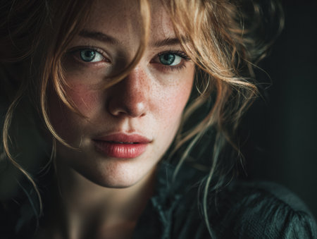 A young woman stands gracefully, her striking eyes and soft smile illuminated by gentle light. Her flowing hair frames her face, creating an intimate and warm atmosphere in the room.の素材