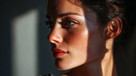 A woman gazes thoughtfully to the side, sunlight creating soft shadows across her face. The warm glow enhances her natural beauty, capturing a serene moment indoors.の素材