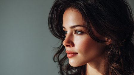 A young woman with beautiful curly hair stands gracefully, displaying her profile. Soft lighting enhances her features against a neutral background, creating a serene atmosphere in the studio.の素材