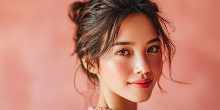 A young woman stands against a soft pink background, showcasing her natural beauty. Her hair is styled in a loose bun while she gazes confidently with a gentle smile.の素材