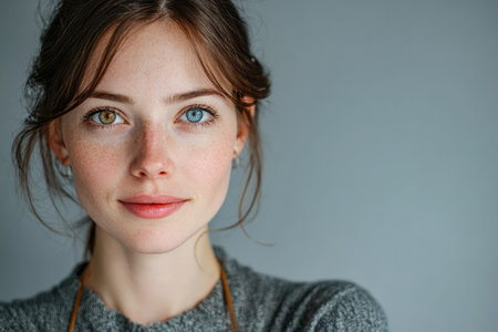 A young woman stands against a plain background, showcasing her distinct eyes. She has long hair and a soft expression, highlighting her freckles and natural features.の素材