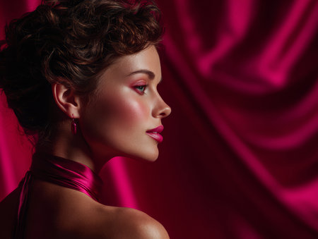 A graceful woman with short curly hair displays a stylish look featuring dramatic makeup and a striking pink outfit. Soft lighting highlights her profile against a rich pink background.の素材