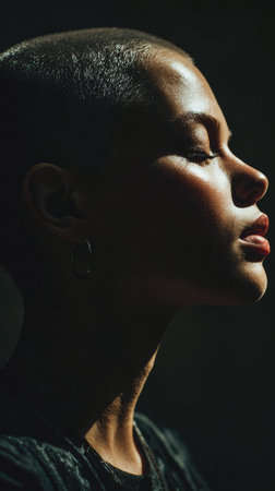 A young woman with a shaved head is captured in soft light, highlighting her serene expression and smooth features against a dark background. The play of light accentuates her profile.の素材