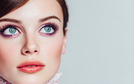 A young woman gazes intently with vivid blue eyes and expertly applied makeup. Her flawless skin and vibrant lip color create a stunning visual. The setting is simple and elegant.の素材