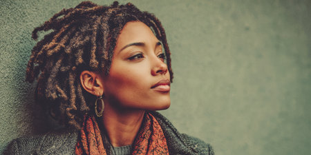 A woman with unique dreadlocks poses in a serene moment, looking off into the distance. She wears a cozy jacket and a scarf, surrounded by a plain wall that enhances her thoughtful expression.の素材