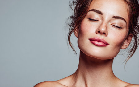 A woman stands with her eyes closed, showcasing a serene expression and smooth skin. Her hair is softly styled, adding to the calm atmosphere of the moment.の素材