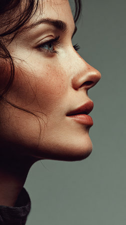 A young woman poses gracefully in profile. Her features are gently illuminated, showcasing her smooth skin and natural beauty against a soft background. The atmosphere is calm and serene.の素材