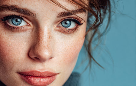 A young woman with bright blue eyes and delicate freckles gazes directly at the viewer while showcasing soft, natural makeup. The backdrop is a calm shade of blue, adding warmth to her expression.の素材
