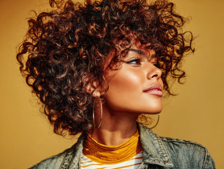 A woman with voluminous curly hair showcases her confident side profile. She wears a striped shirt and denim jacket, set against a bright yellow background, creating an energetic atmosphere.の素材