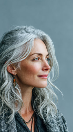 A woman with wavy grey hair stands smiling gently. Her calm expression reflects confidence and tranquility. The soft background complements her natural beauty and peaceful vibe.の素材