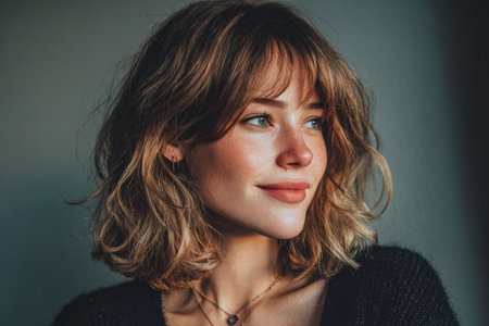 A young woman with wavy hair smiles gently while looking to the side. Her warm expression and natural beauty shine in the soft light of an indoor setting.の素材