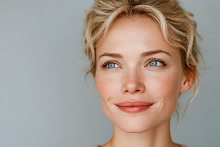 A young woman with light blonde hair and blue eyes smiles gently. Her skin has a natural glow, highlighting her freckles. The background is soft and neutral, creating a calm atmosphere.の素材