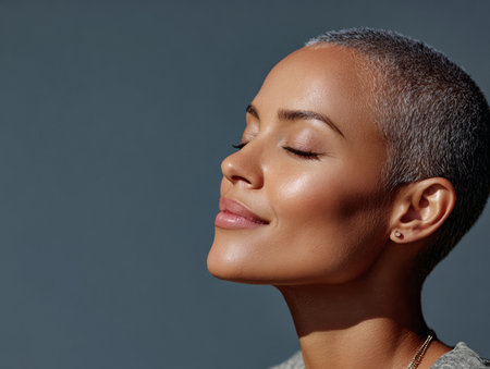 A young woman relaxes outdoors, basking in sunlight with her eyes closed, showcasing a serene expression and a short, stylish haircut. She seems at peace in nature.の素材