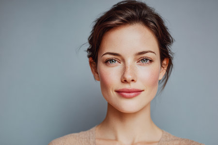 A young woman with light freckles smiles warmly, her hair slightly tousled. She has bright eyes and a natural look, showcasing her relaxed yet confident demeanor.の素材