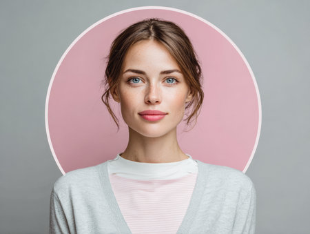 A young woman displays a serene expression while wearing a light sweater. The soft pastel background adds a calm atmosphere to the indoor scene, highlighting her features.の素材