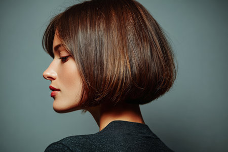 A woman displays her stylish bob haircut in a studio. The focus is on her profile, showcasing her features against a smooth backdrop, creating a serene atmosphere.の素材