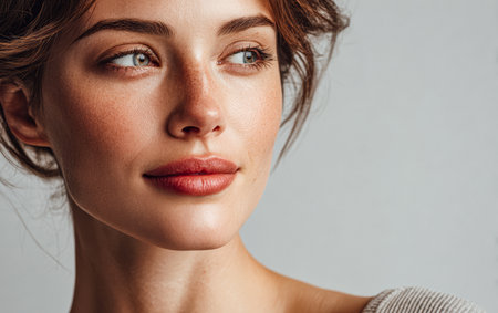 Young woman gazes thoughtfully with a relaxed expression. Her skin glows softly in gentle lighting, highlighting her natural beauty and subtle makeup.の素材