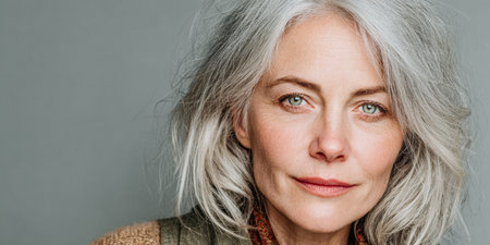 A mature woman with stunning gray hair and bright blue-green eyes gazes gently at the viewer. Her expression conveys warmth and wisdom in a simple background, highlighting her features.の素材