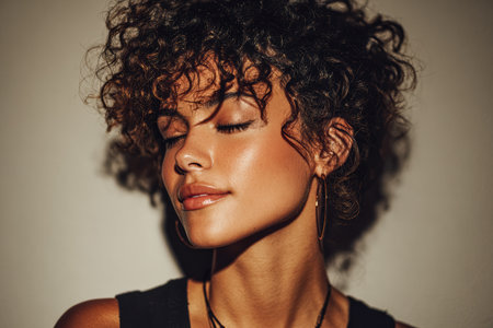 A young woman with curly hair and hoop earrings smiles gently while gazing peacefully to the side. Soft lighting highlights her features, creating a warm, inviting atmosphere.の素材