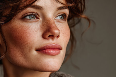 A young woman poses in a cozy indoor space, displaying her natural beauty. Freckles dot her cheeks, and her relaxed expression exudes confidence and warmth, creating an inviting atmosphere.の素材