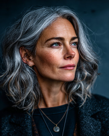 A woman with beautiful gray hair gazes into the distance, her expression thoughtful. The soft lighting highlights her features, creating a warm, serene atmosphere.の素材