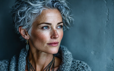 A senior woman with curly gray hair gazes thoughtfully out a window, wearing a soft sweater. The warm light enhances her natural beauty and serene demeanor.の素材