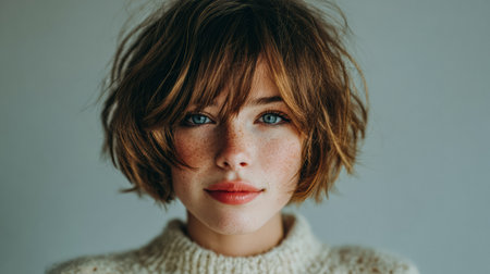 A young woman with shoulder-length hair poses confidently, showing her freckles and bright blue eyes. The soft light highlights her features, creating a warm atmosphere.の素材