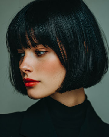 A model stands in a professional studio, her sleek bob hairstyle frames her face. She wears a dark outfit, highlighting her striking features and bold red lips. The overall look exudes confidence.の素材
