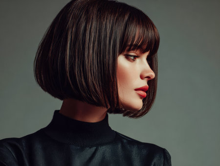 A woman poses in profile, showcasing a stylish bob haircut and striking red lips. The neutral backdrop highlights her features during a professional photoshoot.の素材