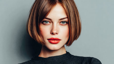 A young woman with a stylish bob haircut stands against a plain background. She has striking blue eyes and bold red lips, exuding confidence and sophistication.の素材