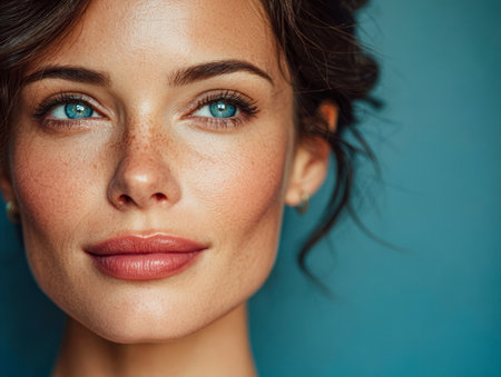 A young woman with blue eyes and freckles displays a calm expression. Her hair is styled gracefully, and she stands against a colorful blue backdrop, capturing attention effortlessly.の素材