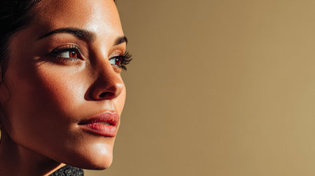 A woman gazes thoughtfully into the distance, highlighting her strong jawline and expressive eyes. Soft warm light enhances her natural beauty and creates a serene atmosphere.の素材