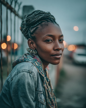 A young woman leans against a fence, her braided hair styled elegantly. The city backdrop features soft twilight lights, highlighting her calm and composed expression against an urban setting.の素材