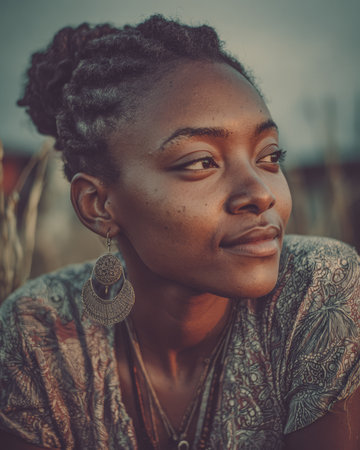 A woman with a natural hairstyle gazes thoughtfully into the distance while seated in a sunlit field during sunset. The warm light highlights her features and accessories.の素材