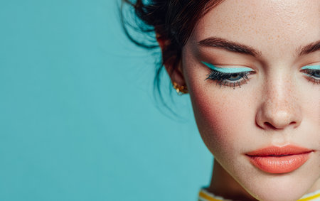 A young woman with styled hair looks down thoughtfully, highlighting her striking eye makeup in vibrant blue and her orange lip color. The clear blue background enhances her artistic look.の素材
