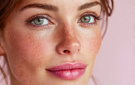 A close-up view reveals a young woman's face featuring vibrant green eyes and charming freckles. She has soft pink lips and a fresh, radiant look against a pastel pink background.の素材