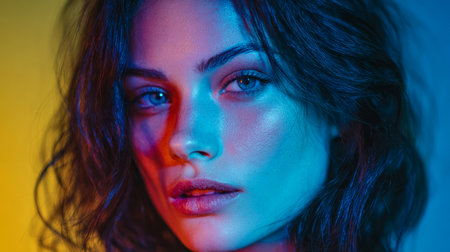 A young woman poses with a thoughtful expression, illuminated by striking blue and yellow lights. The soft glow highlights her features, showcasing her unique beauty in a studio setting.の素材