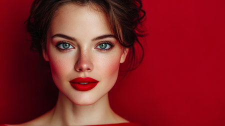 A woman poses confidently with bold red lips and mesmerizing blue eyes. The striking red backdrop enhances her features, creating an eye-catching visual.の素材