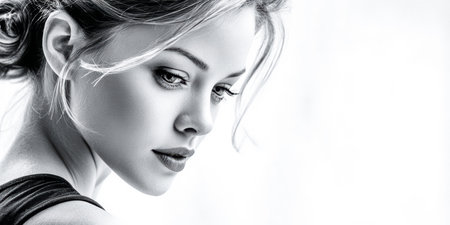 A woman with elegant features and styled hair gazes pensively in a softly lit space. The black and white tones enhance her expressive look and graceful demeanor.の素材