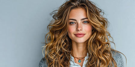 A young woman stands against a gray background, showcasing her flowing curly hair and bright blue eyes. She wears a casual outfit and smiles warmly, creating a friendly atmosphere.の素材