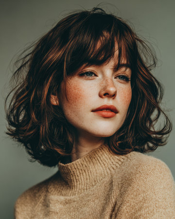 A young woman with curly brown hair and light freckles poses thoughtfully. She wears a soft, beige sweater. Her expression is calm and inviting, highlighting her natural beauty.の素材