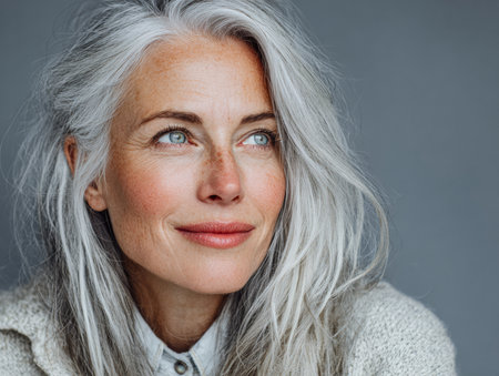 A woman with long silver hair and bright blue eyes gazes softly, showcasing her natural beauty. She wears a cozy sweater and radiates confidence and warmth in a neutral setting.の素材