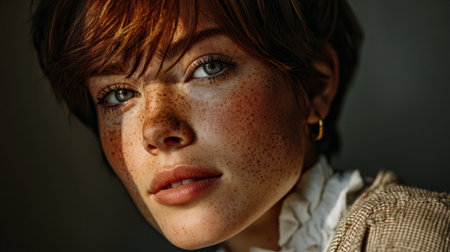 A young woman with short hair and freckles looks thoughtfully at the camera, her expression calm and reflective. Soft lighting highlights her features in a cozy indoor setting.の素材