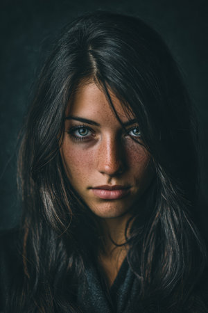 A woman with long dark hair and deep blue eyes stares directly at the viewer. The background is dark, creating a dramatic contrast. Her expression is intense and captivating.の素材