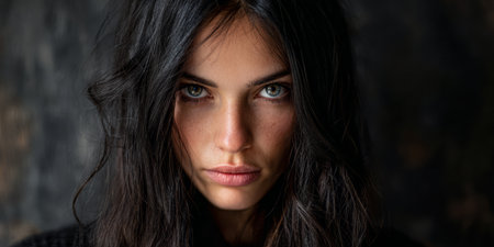 A young woman stares directly at the viewer with an intense expression. Her long dark hair contrasts against a textured, dim background, creating a captivating composition.の素材