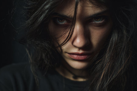 A young woman with long dark hair and an intense expression looks directly at the viewer. Her gaze is piercing, and her lips are slightly parted.の素材