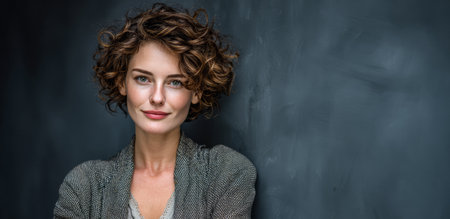 A young woman with curly hair stands confidently, wearing a cozy sweater. She smiles gently, with her body angled slightly to the side. The dark background highlights her features.の素材
