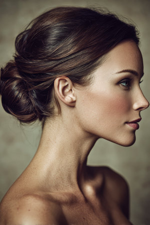 A woman sits gracefully with her hair styled in a classic bun. Her profile highlights smooth features and soft lighting, creating a calm and elegant atmosphere.の素材